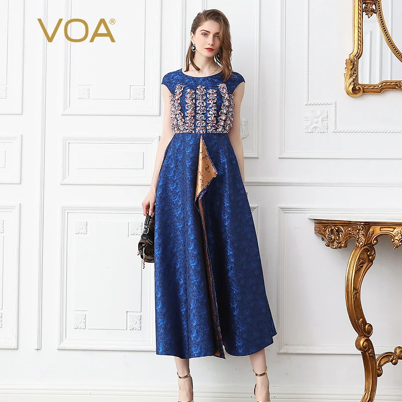 

VOA Silk Jacquard Party Swing Dress Women Maxi Long Dresses Plus Size 5XL Print Slim High Waist Vintage Blue Summer A599
