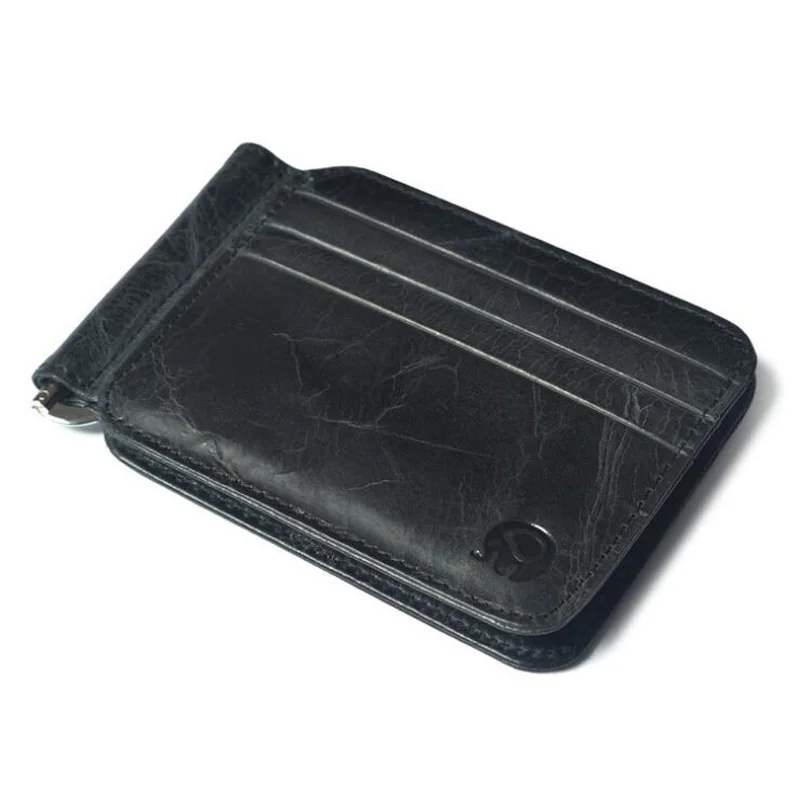 Vintage Men's Genuine Leather Money Clip Wallet With 12 Card Slots Metal Clamp Purse For Man metal money clip leather bill organizer