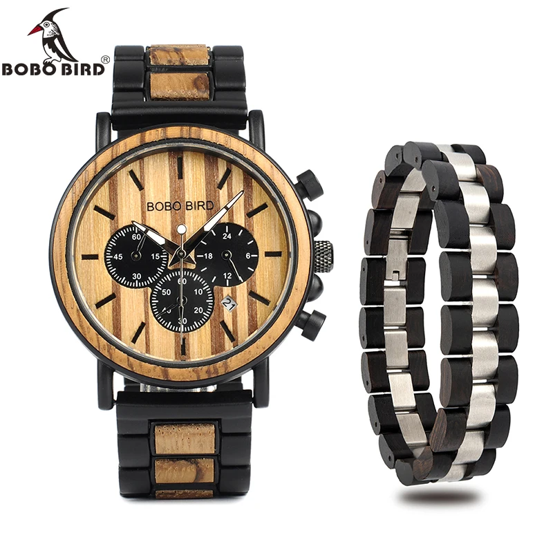 BOBO BIRD Wooden Men Watch and Wood Bracelet Quartz Wristwatches Timepiece Chronograph Luminous Relogio Masculino In Box V-P09