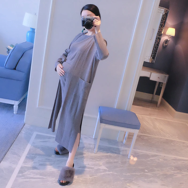 

Pregnancy knitted dresses maternity long sleeve cardigan sets elegant sweater coats for pregnant women Grey