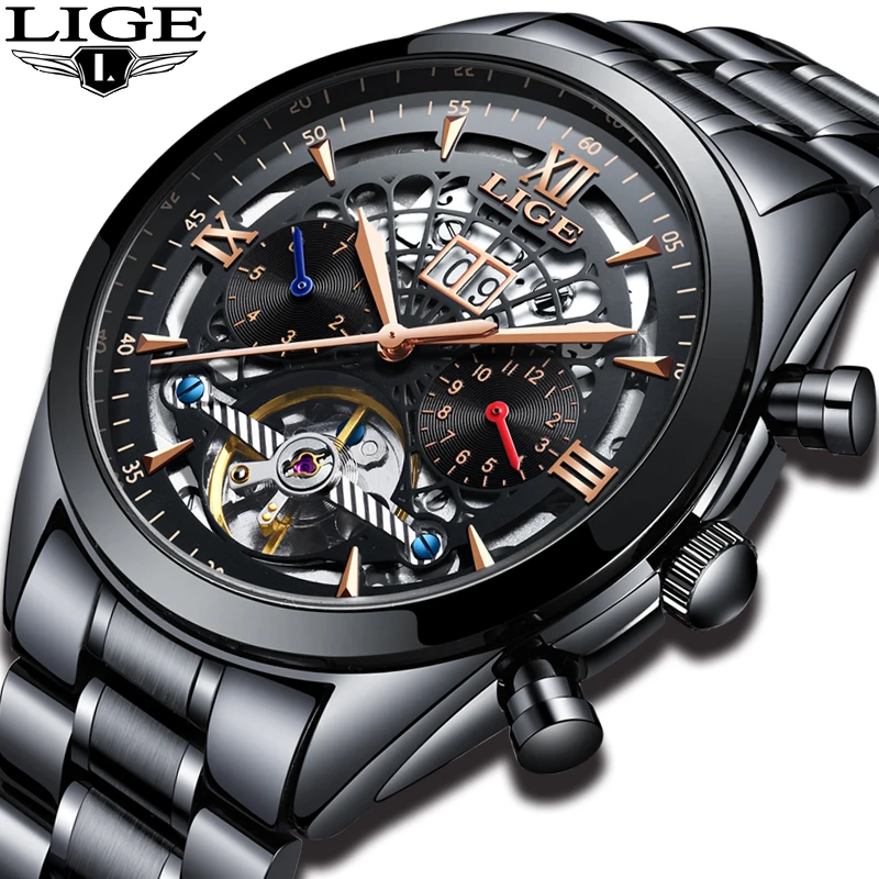 Mechanical Watch LIGE Top Brand Luxury Automatic Watch Male Leather Waterproof Sport Watch Men Business Wristwatch Montre Homme