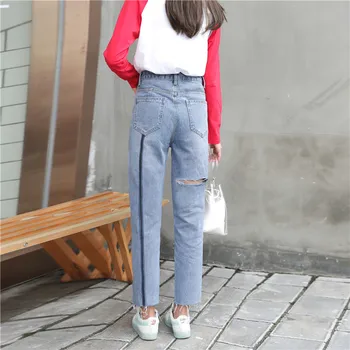 

Broken Hole Jeans for Women High-waist Loose Straight Ankle-length Pants Casual Fashion Show Thin Woolen Burrs Ankle Strap Jeans