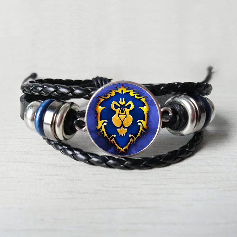 

World of Warcraft Leather Bracelet WOW Alliance Horde Banner Flag Logo Glass Cabochon Game Bracelet for Gamer Souvenir Gift