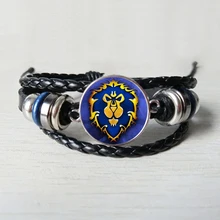 Mundo de warcraft pulseira de couro wow aliança horda bandeira logotipo da bandeira de vidro cabochão jogo pulseira para o jogador lembrança presente