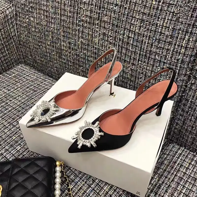 

New Desinger Silver High Heels 7CM Women Pumps Sexy Pointed Toe Crystal Stiletto Woman Slingback Shoes Lady Wedding Dress Pumps