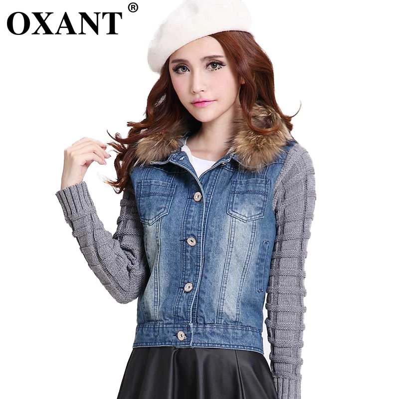 womens denim jacket with knit sleeves