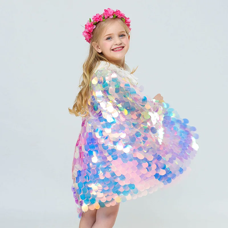 

New Girls Sequin Cloak Rainbow Fish Scale Cape Children Christmas Halloween Cosplay Little Memaid Princess Costumes B49216CH