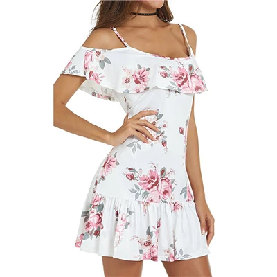 Женское летнее платье с открытыми плечами, цветочное мини-платье на тонких бретелях, Пляжное Платье - Цвет: White