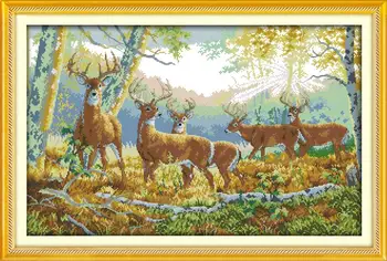 

Five deers in forest-Friendship and harmony DIY Needlework DMC counted Cross Stitch Kits for Embroidery Knitting Needles Craft