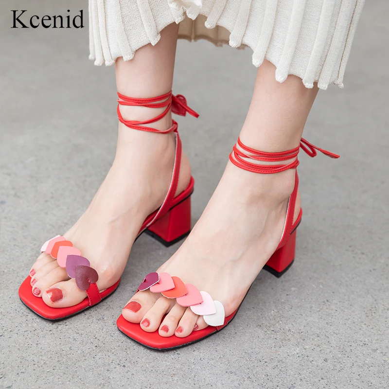 

Kcenid Cross-strap sandals women 2019 sweet heart shaped sandals square heel shoes female fashion party shoes ladies red apricot