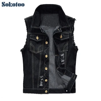 

Sokotoo Men's plus large size black denim vest Casual hole ripped slim tank top