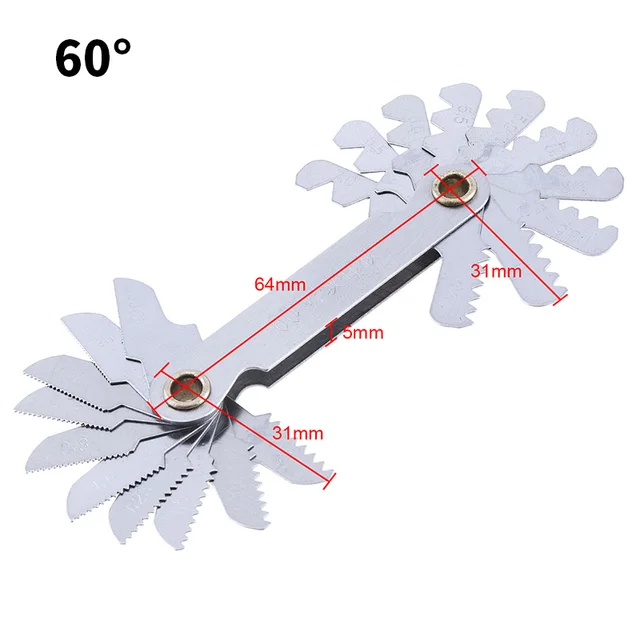 Screw Pitch Gauges 55/60 Degree Metric Inch Thread Plug Gauge Gear Tooth Measuring Carbon Steel Center Measurement 20 Blades 60 Degree 20PCS