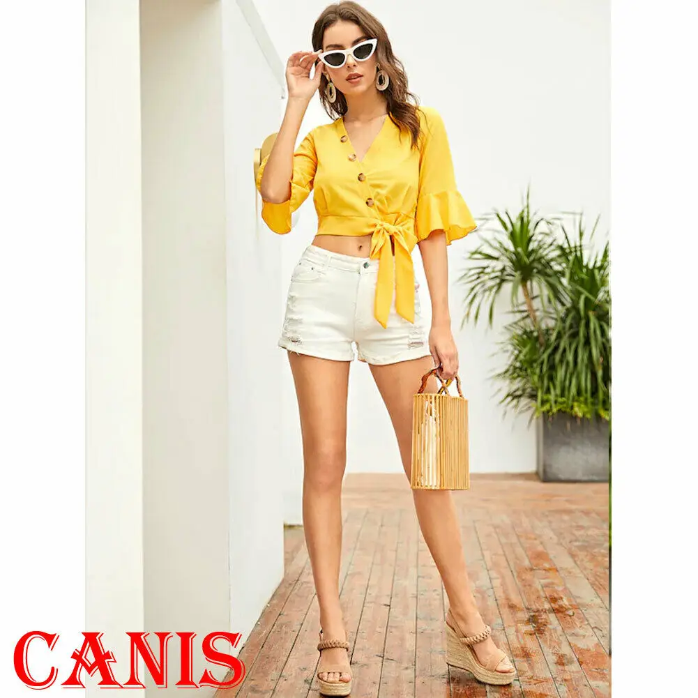 

Boho Style Women V Neck Single Breasted Short Bell Sleeve Cropped Tops Ladies Summer Female Casual Short Blouse Shirts