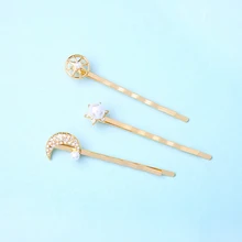 Корейский комплект из 3 предметов, заколки для волос золотого цвета, заколки для волос с Луной, солнцем, звездой, искусственным кристаллом жемчуга для женщин, модные ювелирные изделия для волос