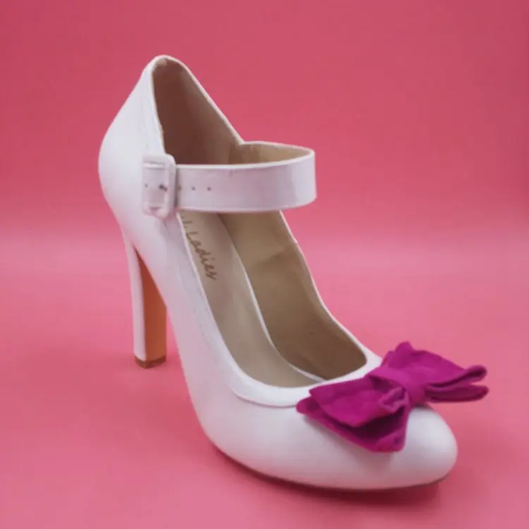 White Soft Faux Leather Women Pumps Hot Pink Bowknot Mary Janes Plus Size US14 Ladies Shoes Round Toe Summer Style 2016