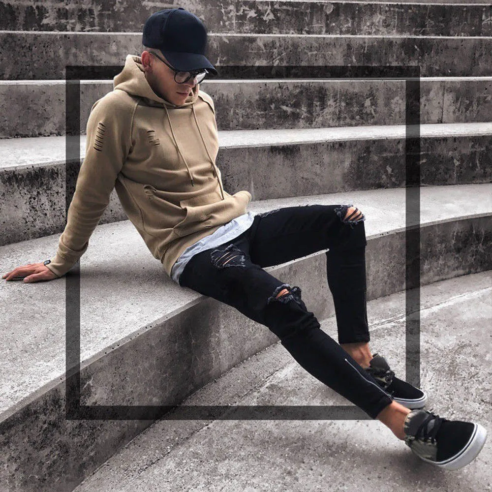 Men's Pants Compression Leggings Slim Biker Zipper Denim Jeans Skinny Frayed Pants Distressed Rip Trousers Hip Hop Streetwear