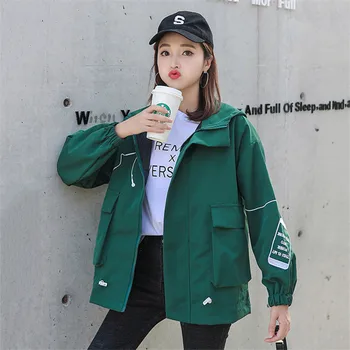

Short Jacket Female Spring Autumn 2019 New Loose Large Size Tooling Outerwear Boyfriend Wind Baseball Uniform Hooded Coat WIN915