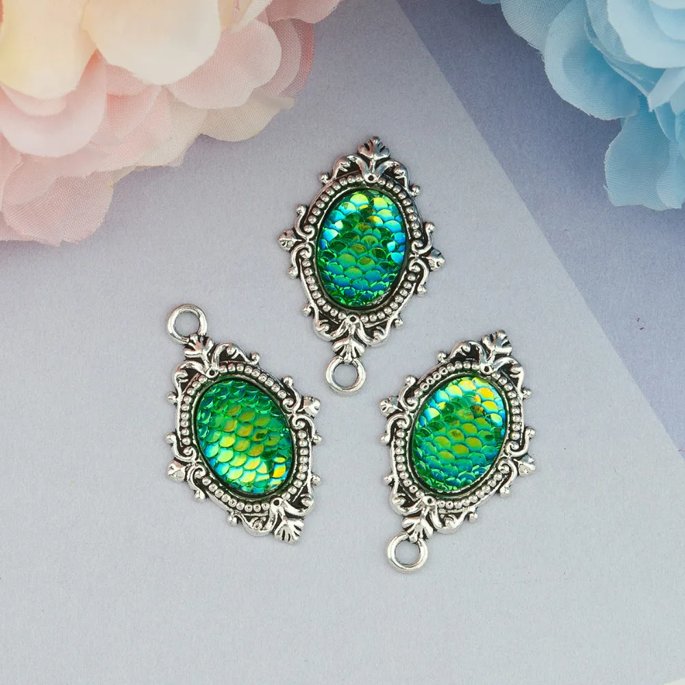 

DoreenBeads Zinc Based Alloy & Resin Mermaid Fish Scale Pendants Oval Antique Silver Colorful AB Color 40mm x 25mm, 15 PCs