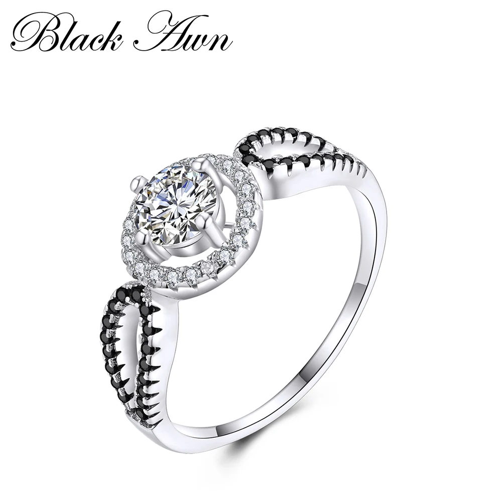 

[BLACK AWN] Genuine 100% 925 Sterling Silver Jewelry Black&White Stone Engagement Rings for Women Femme Ring C244