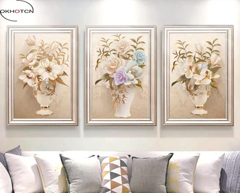 

Unframed 3 Pieces/Set Flower Vase Retro Canvas Modular Printed Wall Art Painting Picture For Living Room Decor Poster