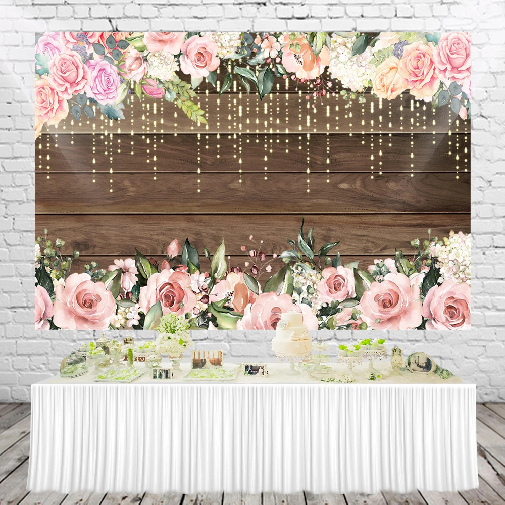 HUAYI Floral Wooden wall Backdrop Bridal shower Wedding Dark Brown Wood Floor Flowers Background for Baby shower Birthday w-2166