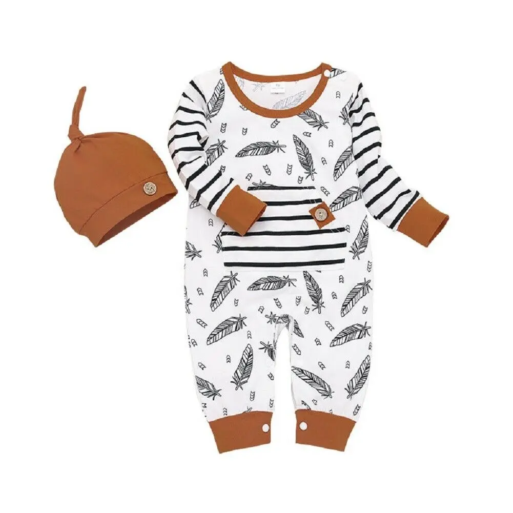 Baby Spring Autumn Clothing Newborn Kid Baby Girl Boy Feather Romper Clothes Long Sleeve Print Jumpsuit Hat Autumn Outfit