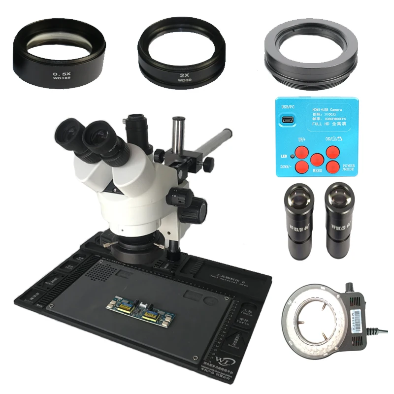 

7X-45X 3.5X-90X Trinocular Stereo Zoom Microscope 30MP HDMI USB Camera 144 LED Ring Light Mobile Phone Repair Microscopio
