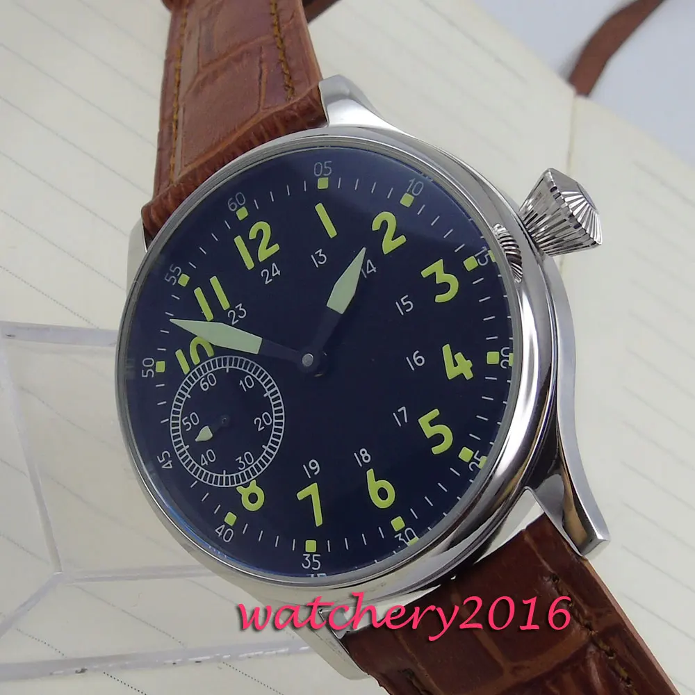 

44mm Corgeut Black dial men's watches of the famous luxury brand green luminous marks 6497 hand winding Mechanical Men's Watch