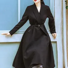 Женское черное Расклешенное пальто с длинным рукавом V образным вырезом wrap Coat Belted trench coat