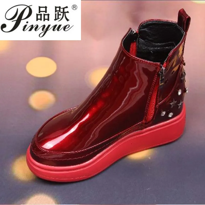 

2019 New fashion Patent Leather Ankle Boots Round Toe Thick Heel Chelsea Boots Elastic Fabric Women Boots Ladies Shoes
