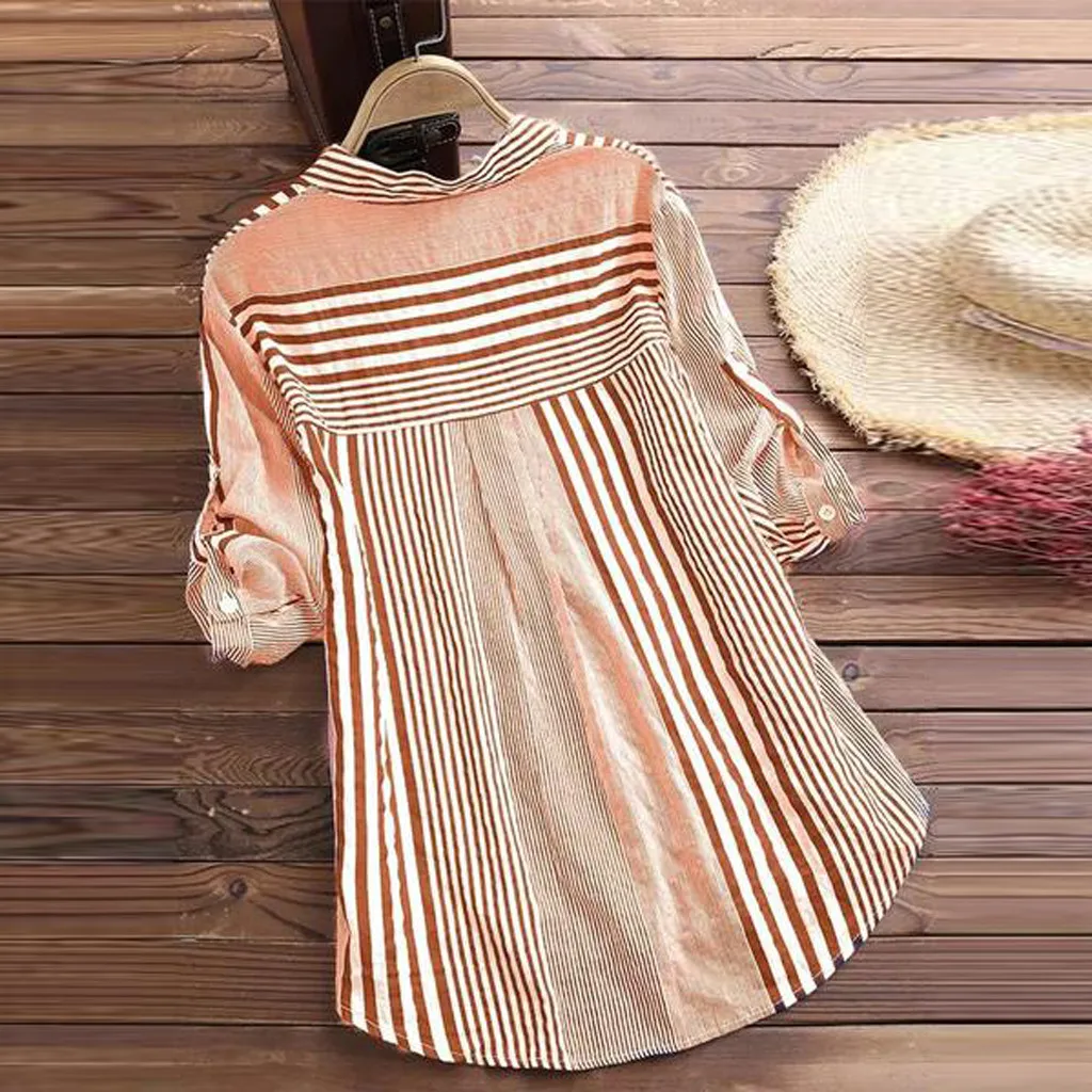 Большой размер Женская туника рубашка Женская три четверти полосатая блуза с принтом v-образный Вырез Свободный крой Топ блузка blusas mujer de moda