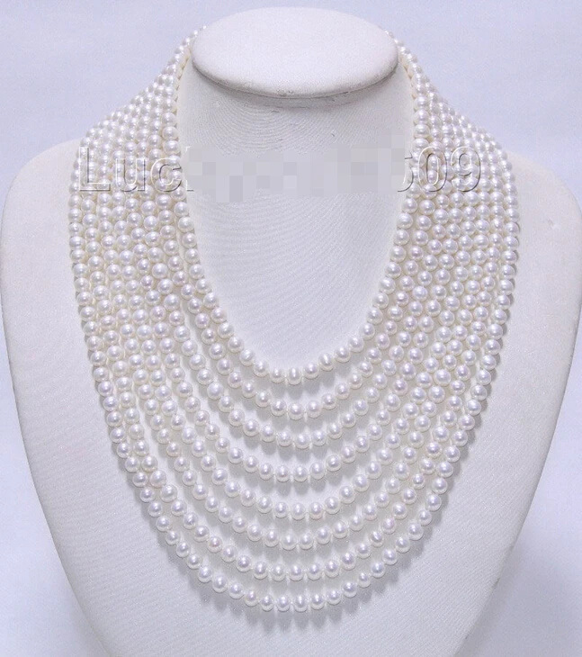 

>@@@@@ A> Genuine 17"-24" 8row 7mm round white pearls necklace 925sc turquoise clasp e1985 a -Top quality free shipping