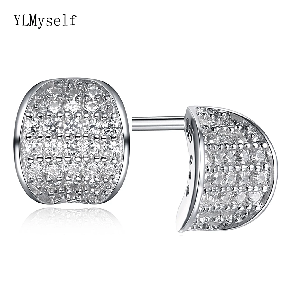 

Real 925 stud earrings curve desig tiny cz crystal jewelry elegant jewellery new sterling silver white women's post earring