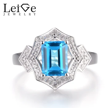 

LeiGe Jewelry November Birthstone Swiss Blue Topaz Rings Wedding Rings Emerald Cut Blue Stone Ring Genuine 925 Sterling Silver