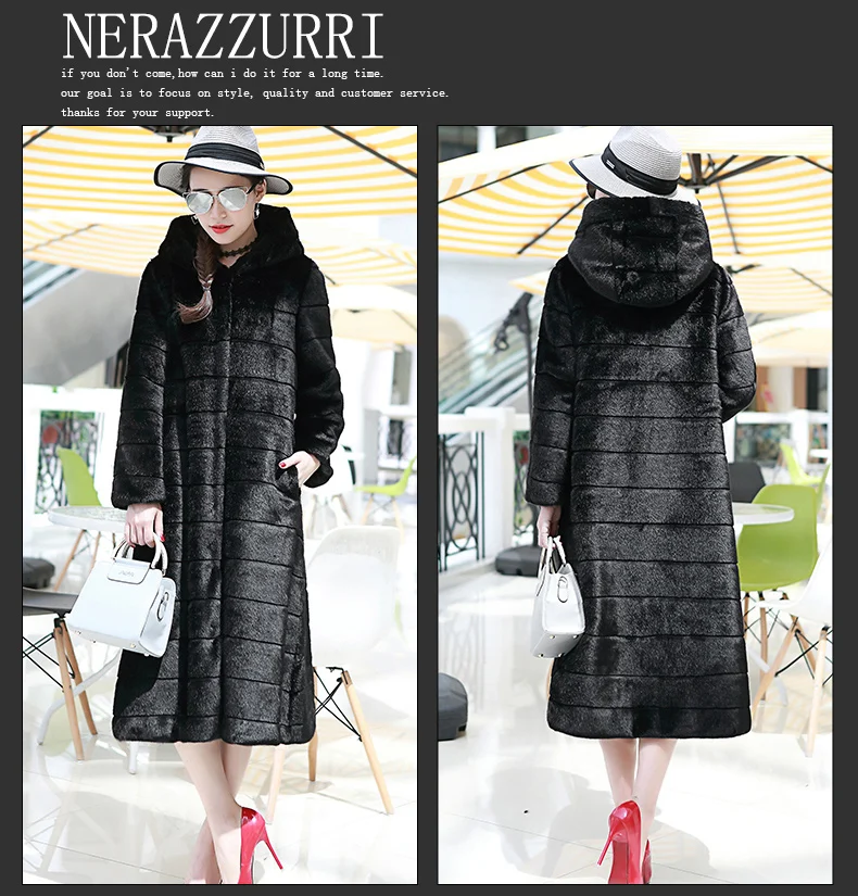 Nerazzurri, длинное женское пальто из искусственного меха,, зимнее, с капюшоном, черное, красное, теплое пальто из искусственного меха, пушистое, размера плюс, верхняя одежда 5xl 6xl
