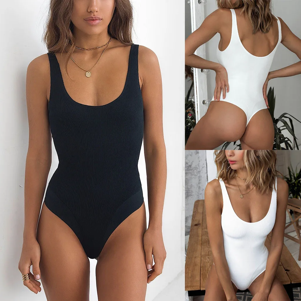 

Sexy Women One-Piece Bikini Push-Up Padded Bra Swimwear Solid Black White Swimsuit Slim Beachwear Backless Round Neck Bodysuit