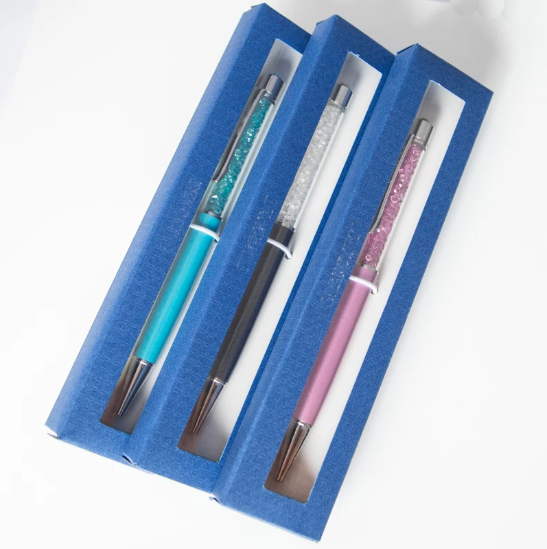 Blue Gift Box Rotating  Ballpoint  Pen Cute Top Bling Crystal for Promotional Items Company Logo Graduation Commemorative Party