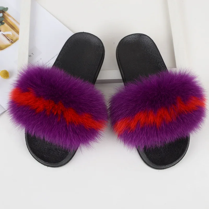 New Mixed Color Real Fox Fur Slippers Slides Casual Shoes Fluffy Slippers Flip Flops Furry Shoes Women