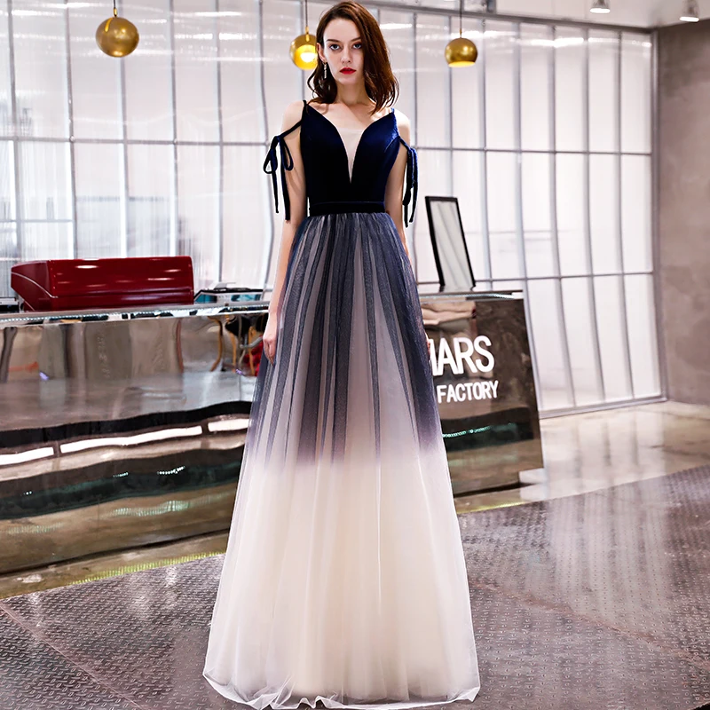 SSYFashion Новое Элегантное темно-синее вечернее платье с v-образным вырезом простые градиентные цвета с открытой спиной Вечерние платья Длинные