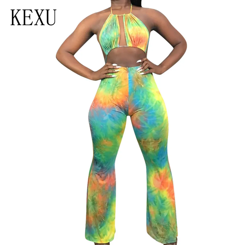 

KEXU Fashion Casual Sexy Wrapped Chest Hanging Neck Tie Dyed Jumpsuits Female Open Back Sleeveless Hollow Out Printed Playsuits