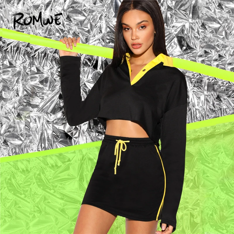 

ROMWE Black Contrast Collar Crop Top Drawstring Waist Skirt Set 2019 Summer Women Sets Fabulous Drawstring Two Piece Set