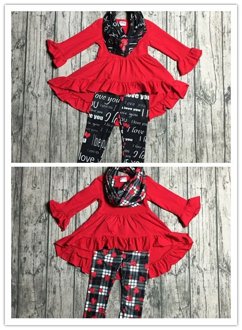 

2 designs Fall/winter baby girls Valentine's day 3 pieces with sacrf sets clothes children red dress top with plaid heart print