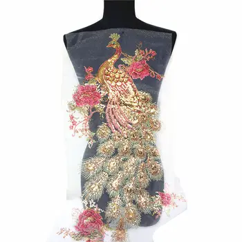 

60CM Pink Sequins Peacock Phoenix Feather Rhinestone Flowers Mesh Lace Trims Sew On Patches Embroidery For Wedding Appliques DIY
