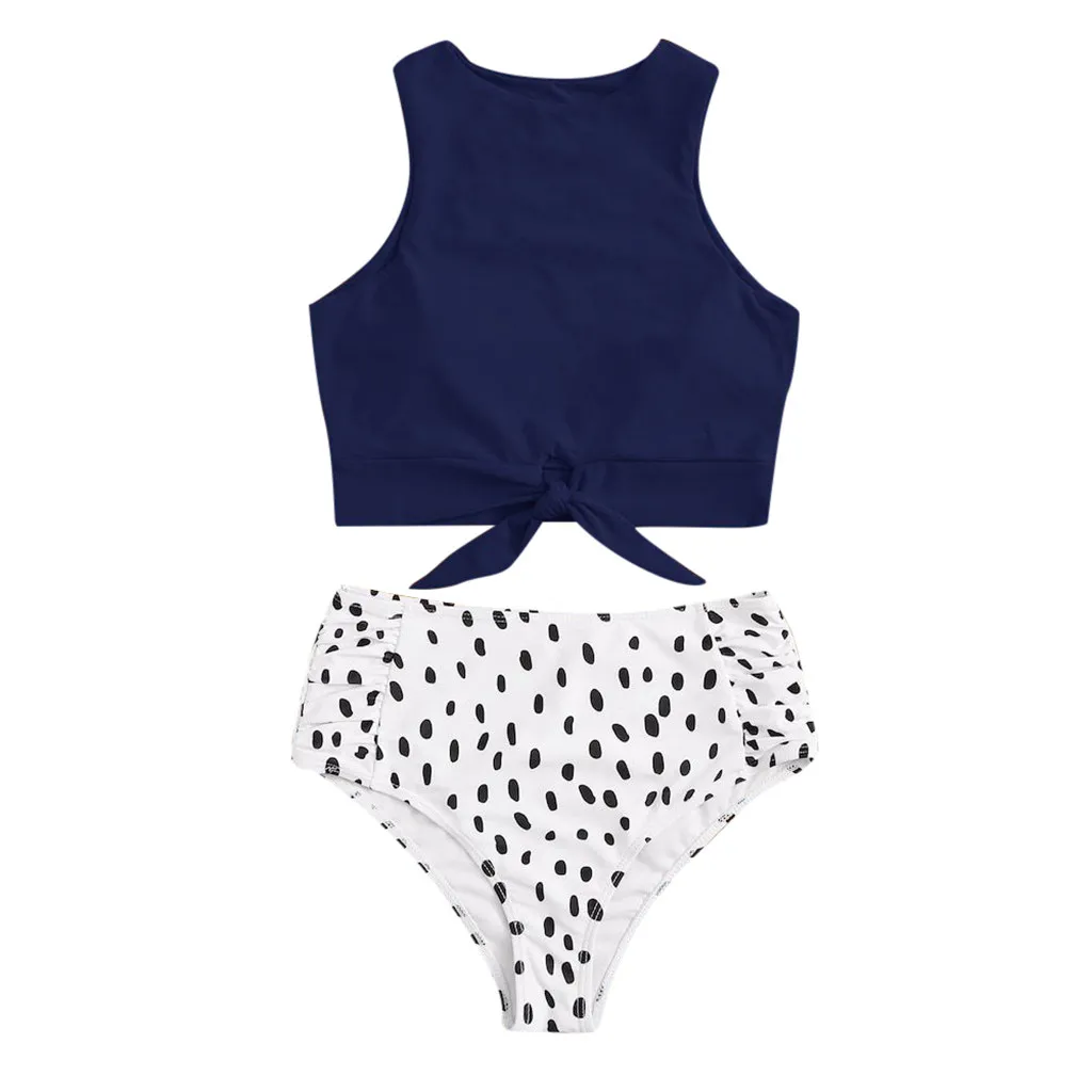 

2019 Sexy Women Solid Push-Up Padded Swimwear Bikini Set Two Piece Knot Front Crop Top Swimsuit with Floral Bottom fashion