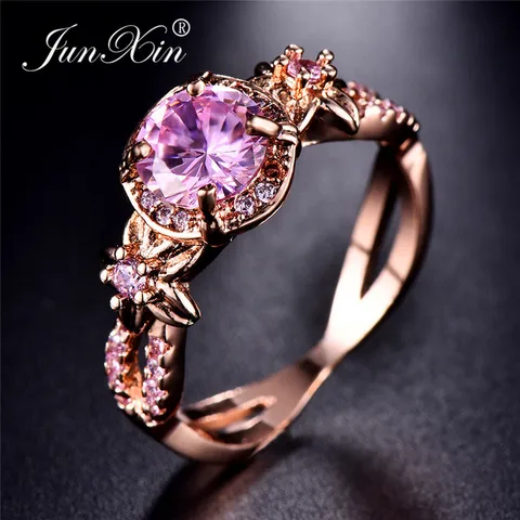 Cute Female Crystal White Blue Green Round Ring Fashion Rose Gold Flower Ring Zircon Stone Engagement Rings For Women