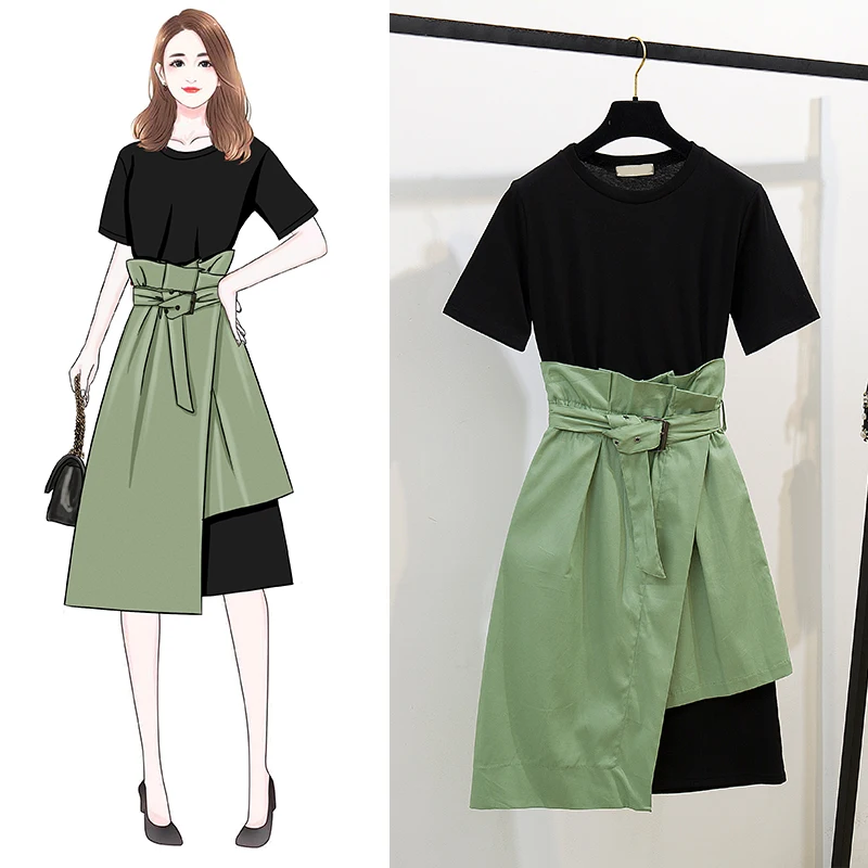 

2019 Summer 2 Piece Set Suit Women Black Long O-neck T-shirt Mid-calf Skirt Office Lady 2 Piece Outfits for Women Elastic Waist