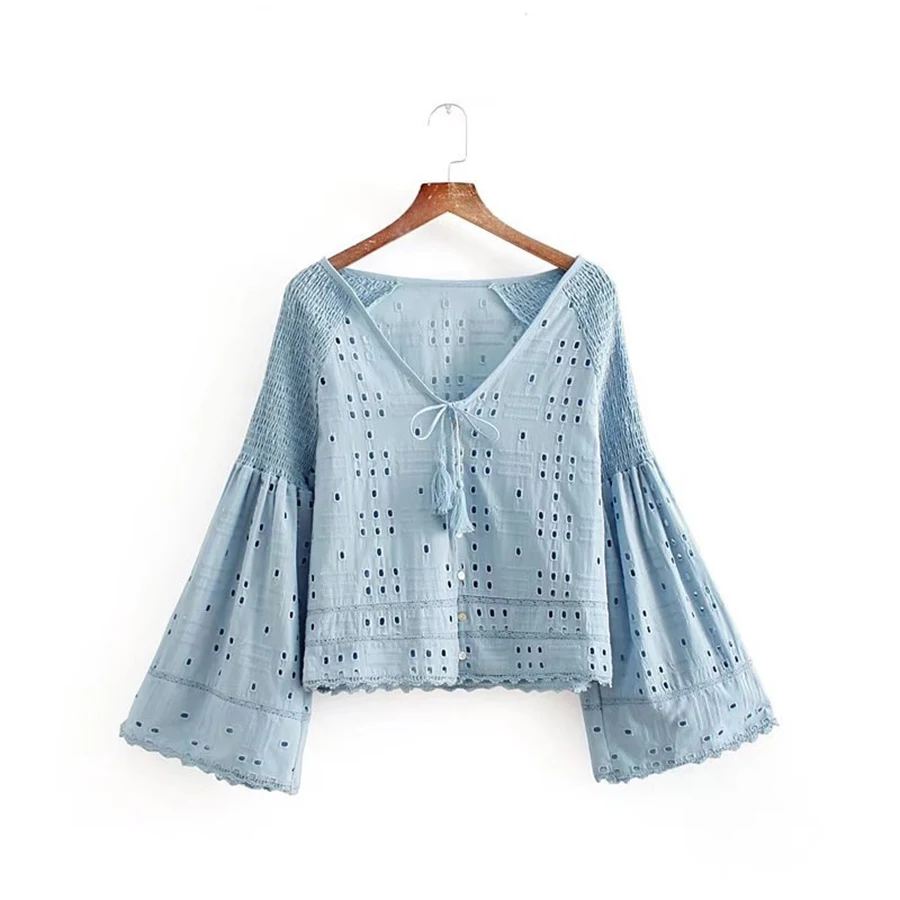

TEELYNN short Boho blouse 2018 blue lace Hollow embroidery V-neck Blouses cotton Shirt Casual summer blouse Hippie Women blusas
