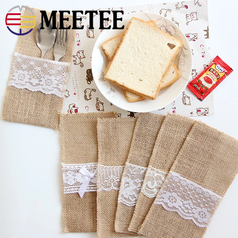 

6pcs European style Christmas Wedding linen tableware bag, sackcloth lace knife and fork bag. ZK165
