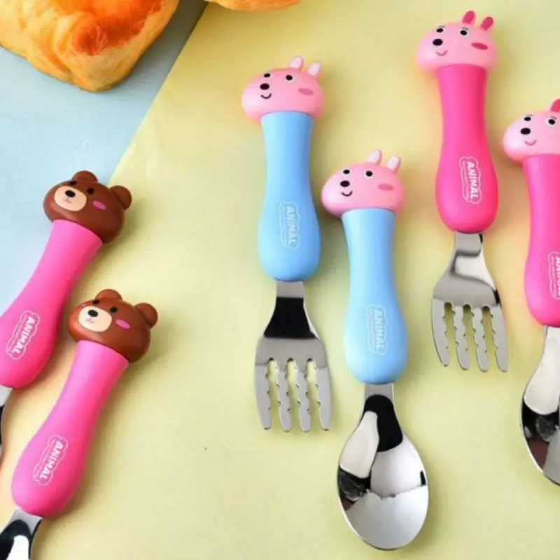 

Food Grade PP Stainless Steel Toddler Spoons Forks Set without Travel Case, Baby Child Kids Cartoon Self Feeding Utensils