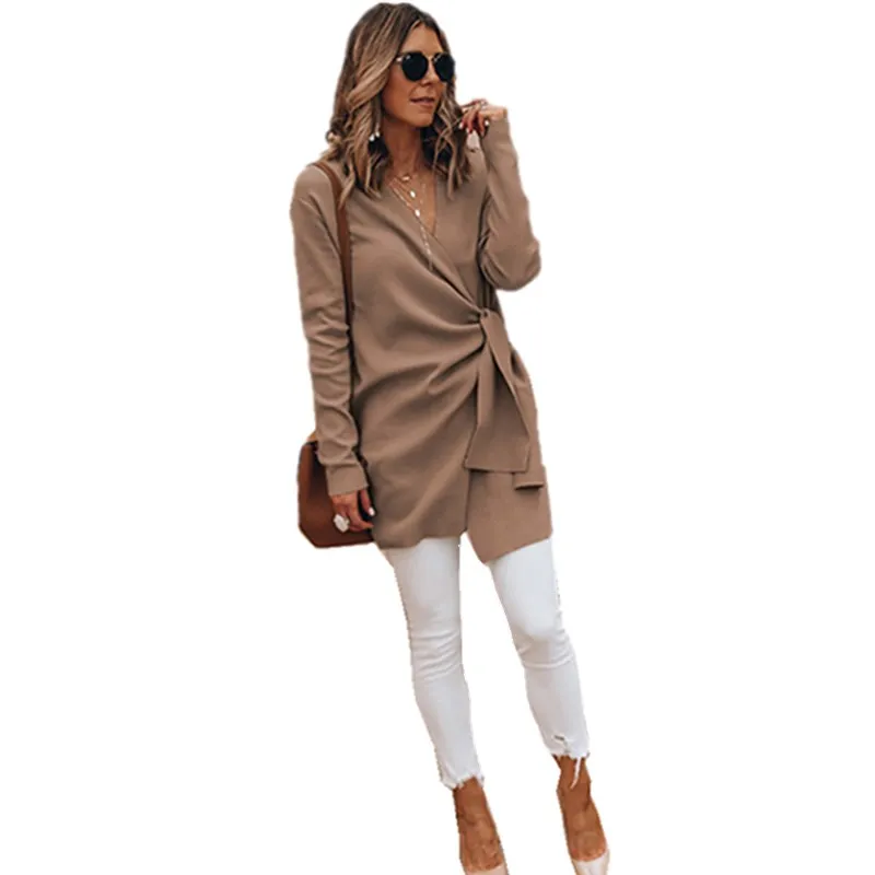 LOSSKY Woolen Blend Thin Coats Women V Neck Lace up Solid